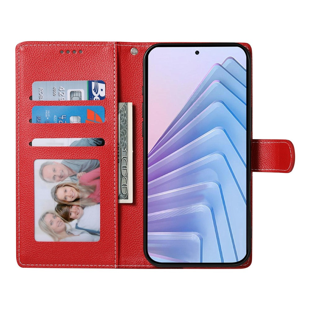 For Xiaomi Redmi Note 15 Pro 5G (Global) Case Magnetic Snap Litchi Texture Leather Wallet Phone Cover with Wrist Strap - Red