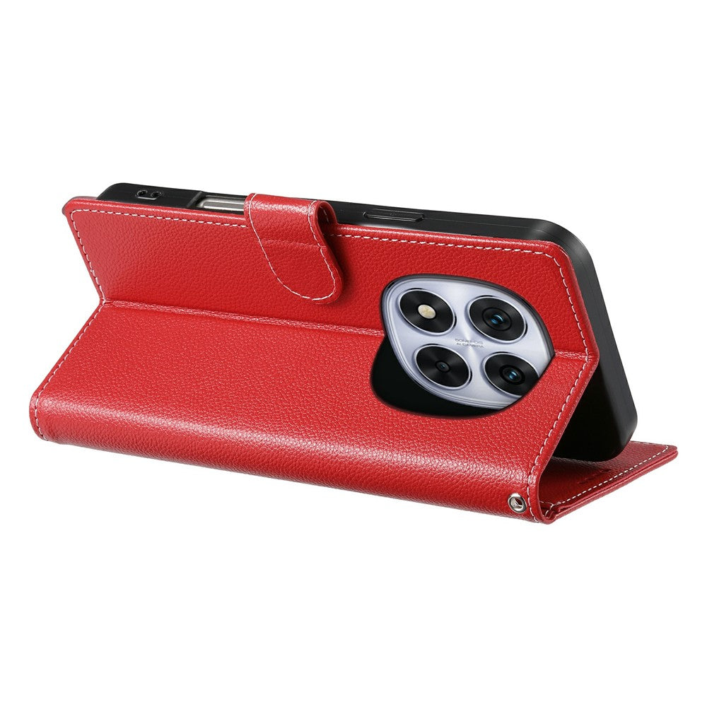 For Xiaomi Redmi Note 15 Pro 5G (Global) Case Magnetic Snap Litchi Texture Leather Wallet Phone Cover with Wrist Strap - Red