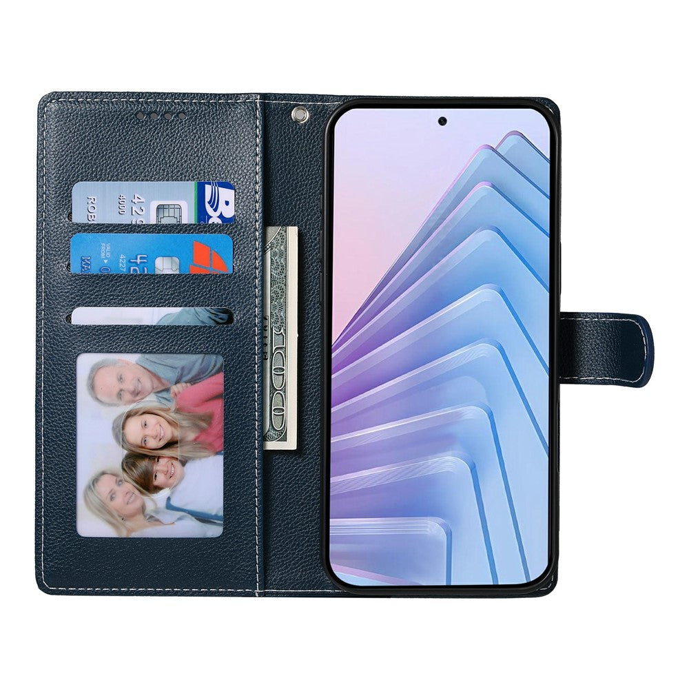 For Xiaomi Redmi Note 15 Pro 5G (Global) Case Magnetic Snap Litchi Texture Leather Wallet Phone Cover with Wrist Strap - Dark Blue