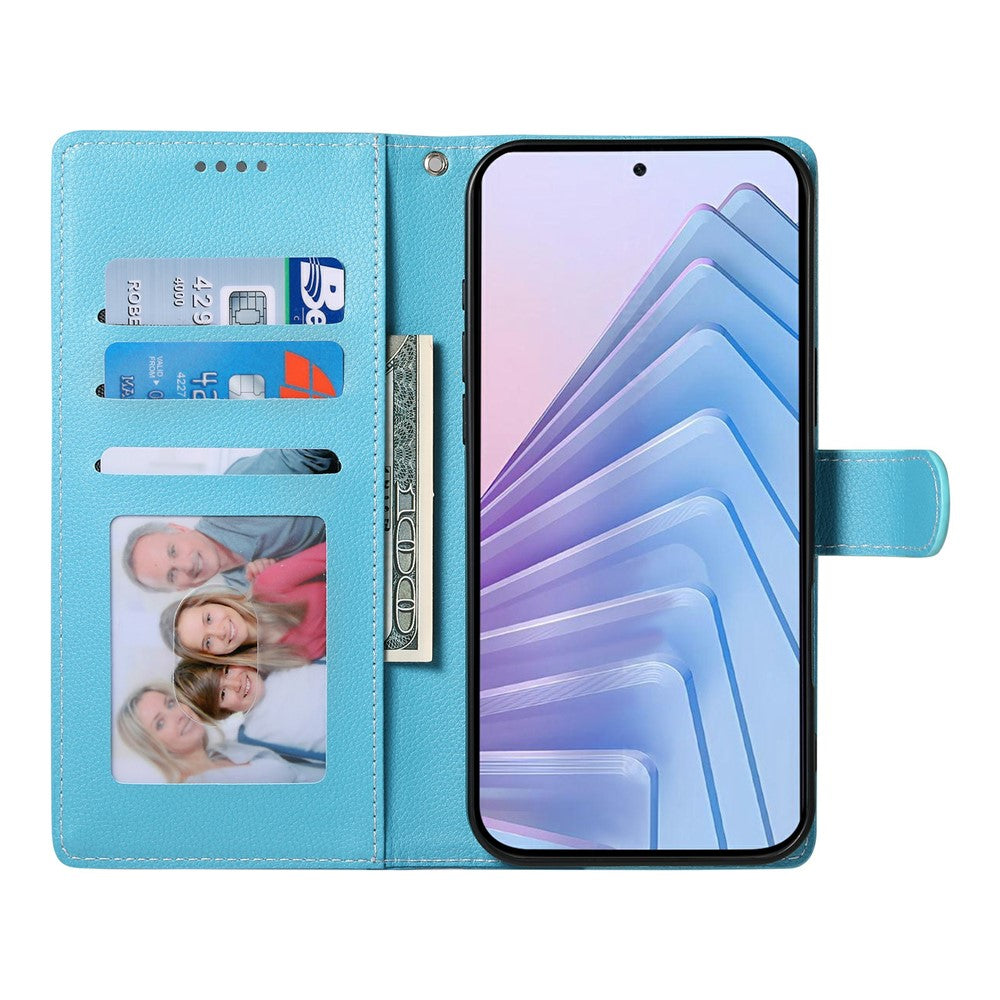 For Xiaomi Redmi Note 15 Pro 5G (Global) Case Magnetic Snap Litchi Texture Leather Wallet Phone Cover with Wrist Strap - Sky Blue