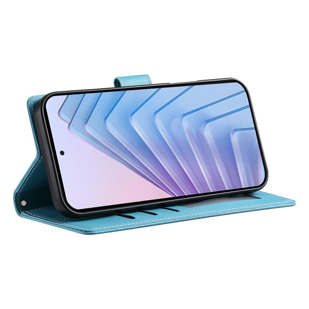 For Xiaomi Redmi Note 15 Pro 5G (Global) Case Magnetic Snap Litchi Texture Leather Wallet Phone Cover with Wrist Strap - Sky Blue