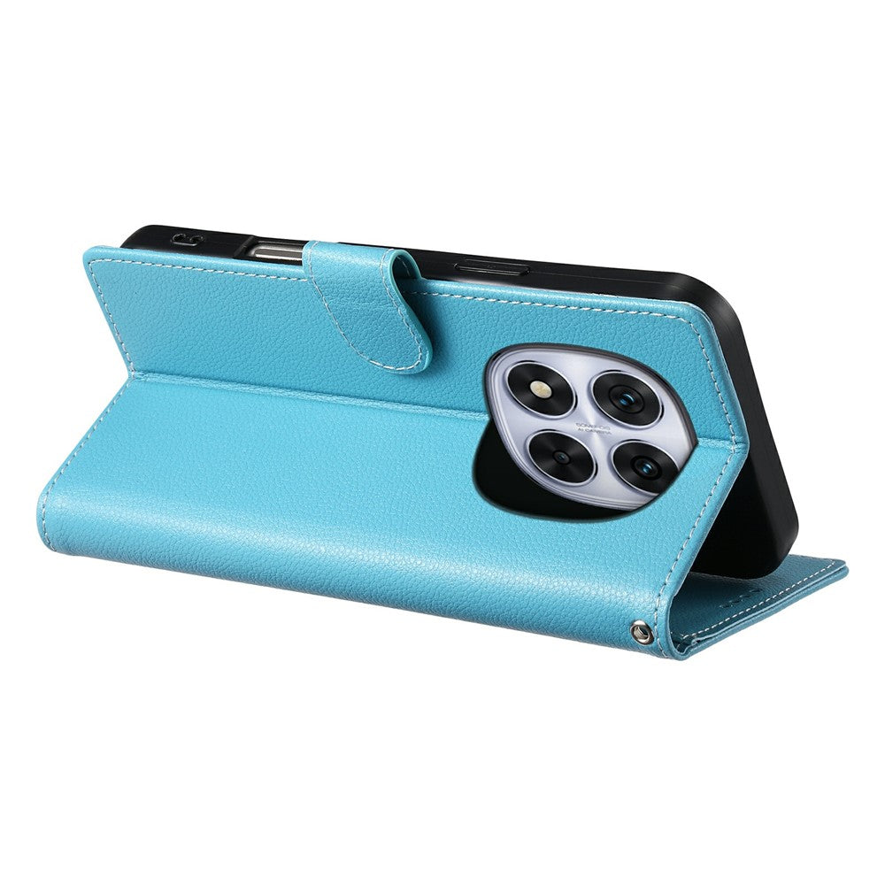 For Xiaomi Redmi Note 15 Pro 5G (Global) Case Magnetic Snap Litchi Texture Leather Wallet Phone Cover with Wrist Strap - Sky Blue