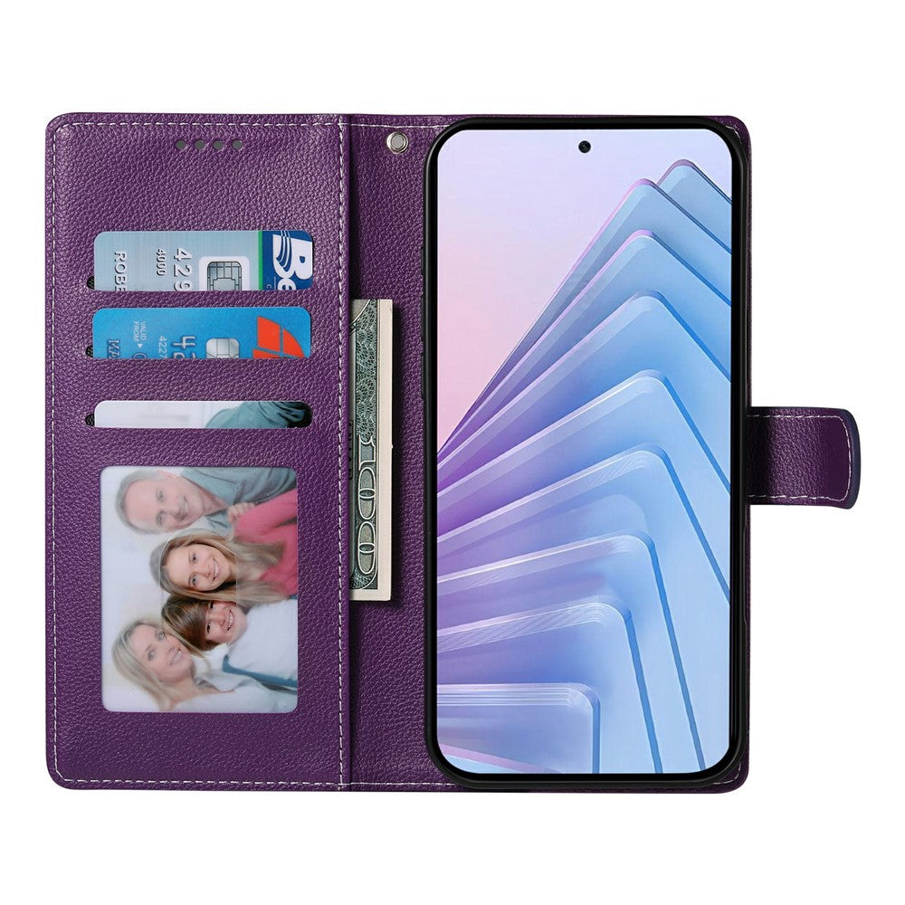 For Xiaomi Poco M8 Pro 5G / Redmi Note 15 Pro+ 5G (Global) Case Magnetic Snap Litchi Texture Leather Wallet Phone Cover with Wrist Strap - Purple