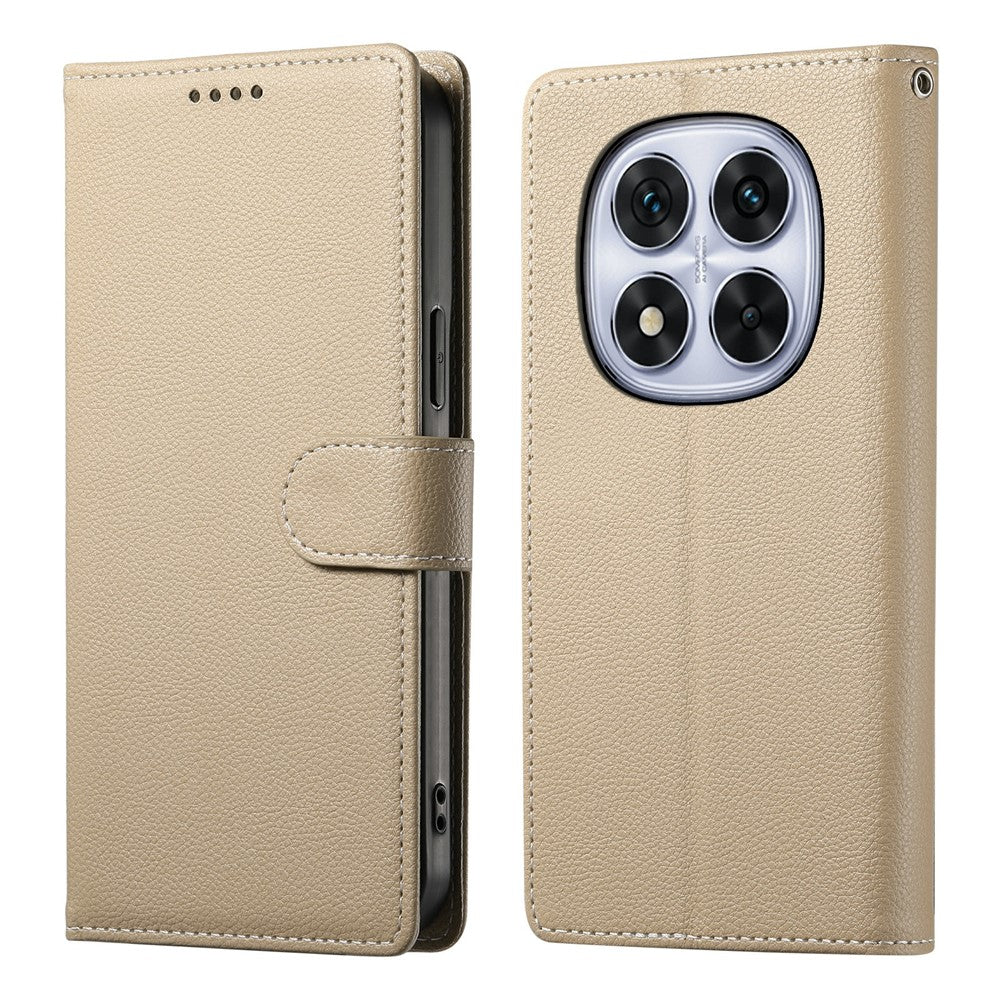 For Xiaomi Poco M8 Pro 5G / Redmi Note 15 Pro+ 5G (Global) Case Magnetic Snap Litchi Texture Leather Wallet Phone Cover with Wrist Strap - Apricot
