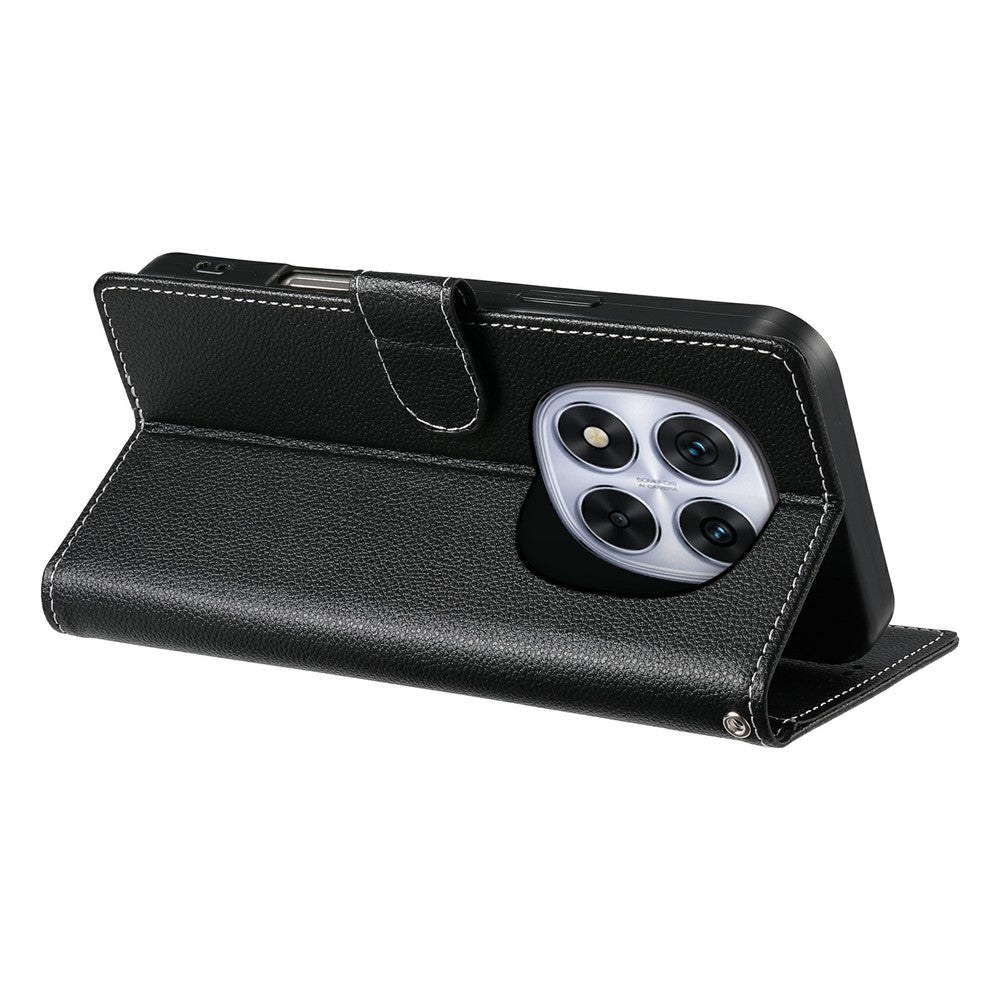 For Xiaomi Poco M8 Pro 5G / Redmi Note 15 Pro+ 5G (Global) Case Magnetic Snap Litchi Texture Leather Wallet Phone Cover with Wrist Strap - Black