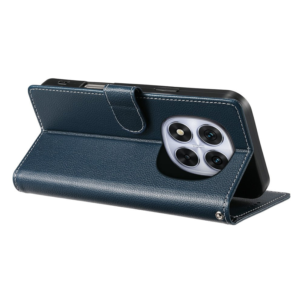 For Xiaomi Poco M8 Pro 5G / Redmi Note 15 Pro+ 5G (Global) Case Magnetic Snap Litchi Texture Leather Wallet Phone Cover with Wrist Strap - Dark Blue