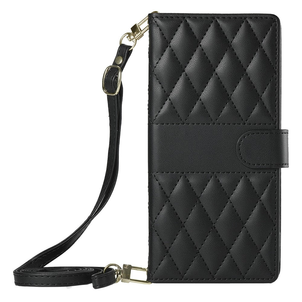 For Xiaomi Redmi Note 15 Pro 5G (Global) Wallet Case Rhombus Stitching Stand Leather Phone Cover with Long  /  Short Strap - Black