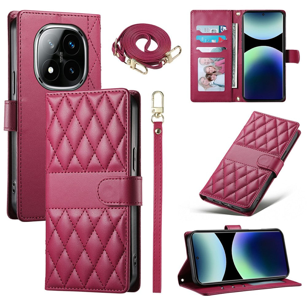 For Xiaomi Redmi Note 15 Pro 5G (Global) Wallet Case Rhombus Stitching Stand Leather Phone Cover with Long  /  Short Strap - Red