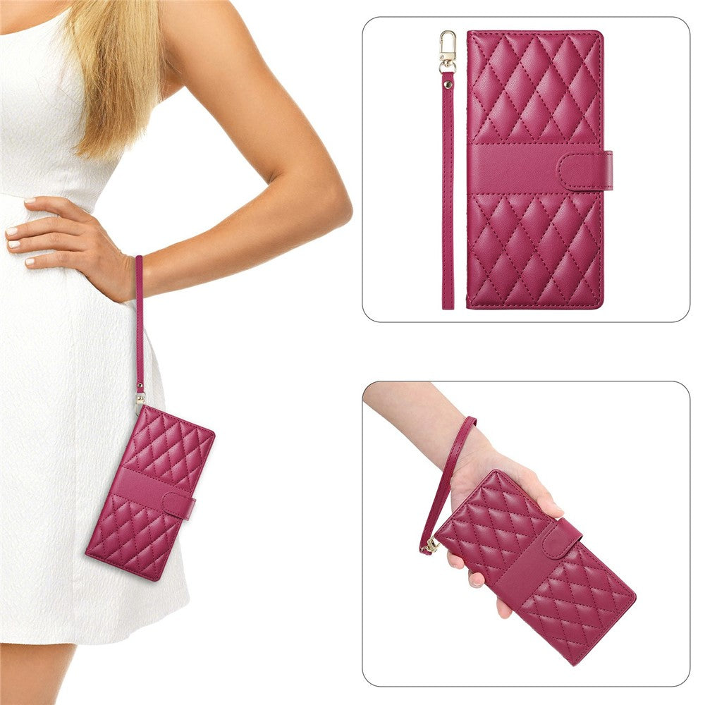 For Xiaomi Redmi Note 15 Pro 5G (Global) Wallet Case Rhombus Stitching Stand Leather Phone Cover with Long  /  Short Strap - Red