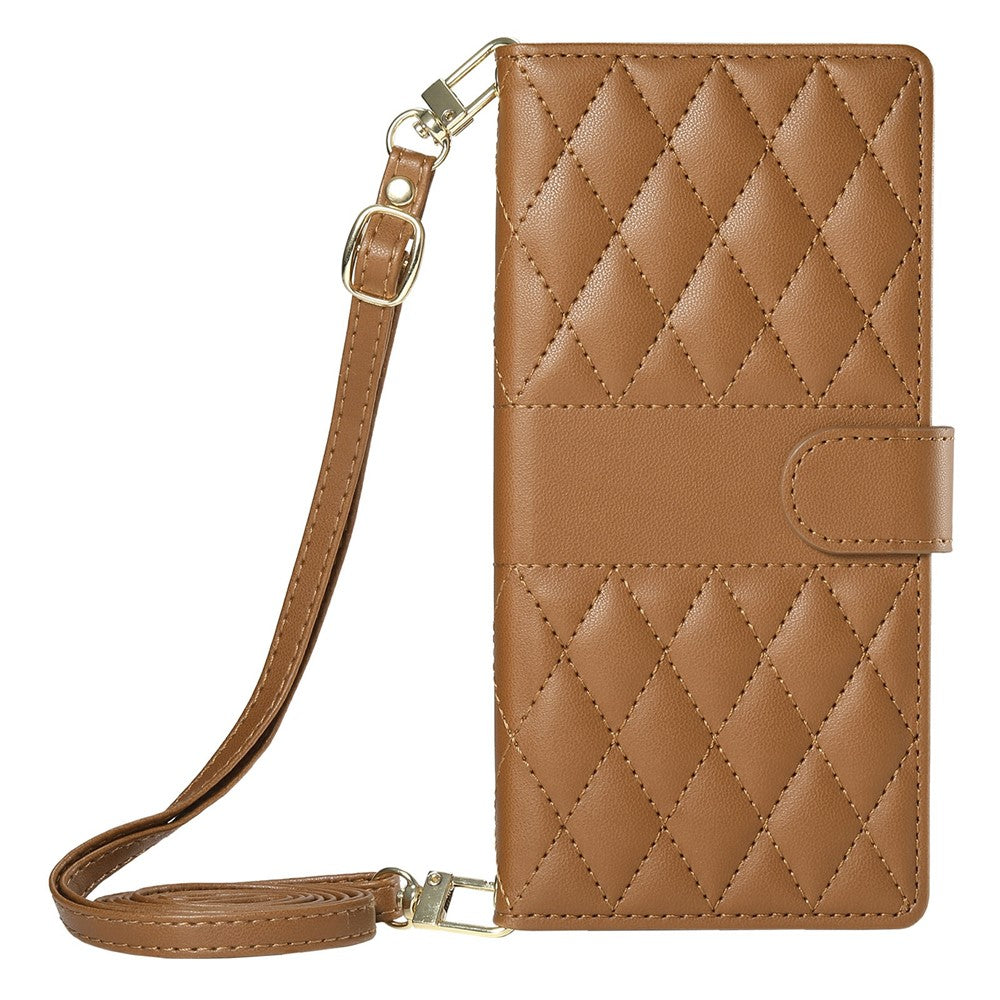 For Xiaomi Redmi Note 15 Pro 5G (Global) Wallet Case Rhombus Stitching Stand Leather Phone Cover with Long  /  Short Strap - Brown