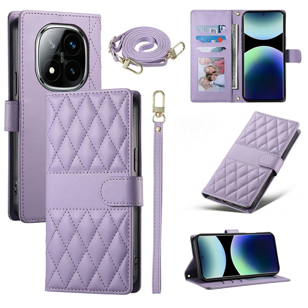 For Xiaomi Poco M8 Pro 5G / Redmi Note 15 Pro+ 5G (Global) Wallet Case Rhombus Stitching Stand Leather Phone Cover with Long  /  Short Strap - Purple