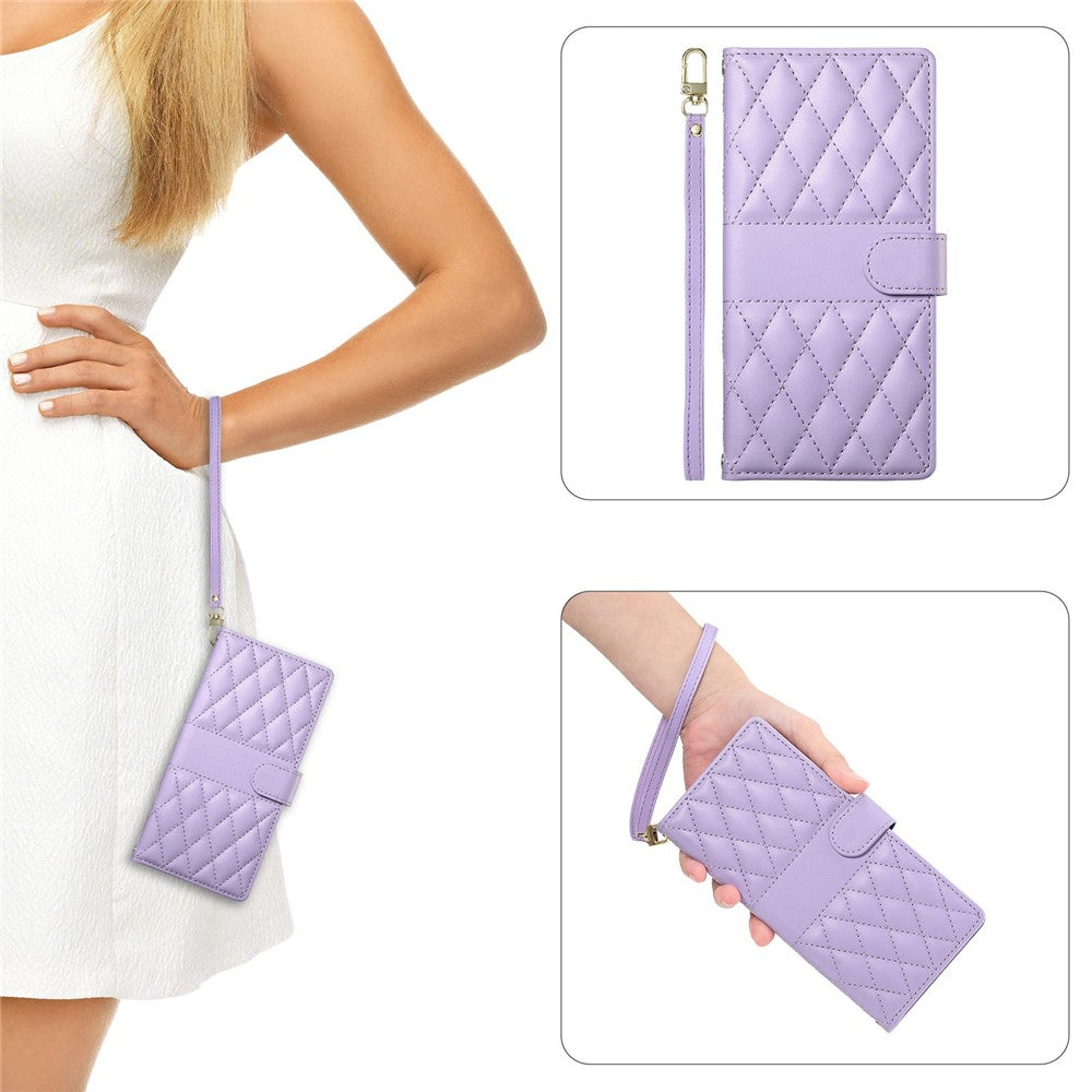 For Xiaomi Poco M8 Pro 5G / Redmi Note 15 Pro+ 5G (Global) Wallet Case Rhombus Stitching Stand Leather Phone Cover with Long  /  Short Strap - Purple