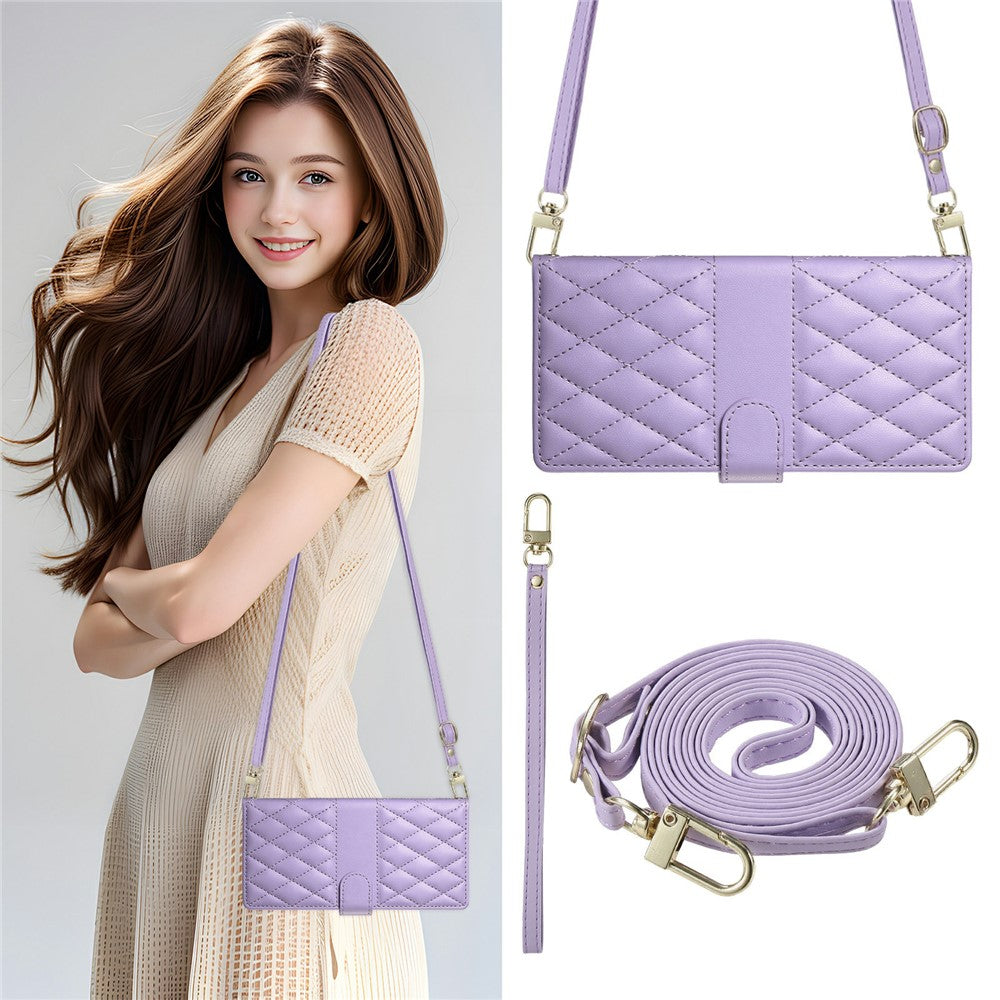 For Xiaomi Poco M8 Pro 5G / Redmi Note 15 Pro+ 5G (Global) Wallet Case Rhombus Stitching Stand Leather Phone Cover with Long  /  Short Strap - Purple