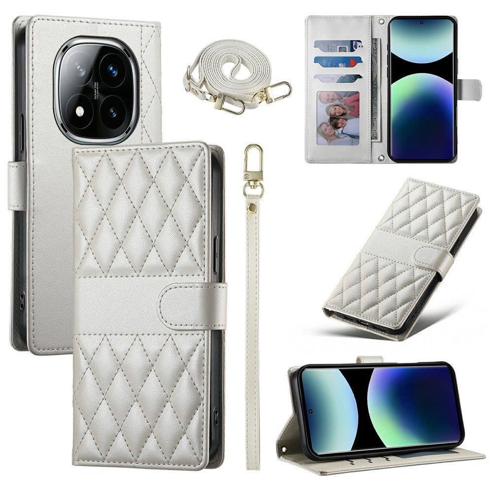For Xiaomi Poco M8 Pro 5G / Redmi Note 15 Pro+ 5G (Global) Wallet Case Rhombus Stitching Stand Leather Phone Cover with Long  /  Short Strap - Beige