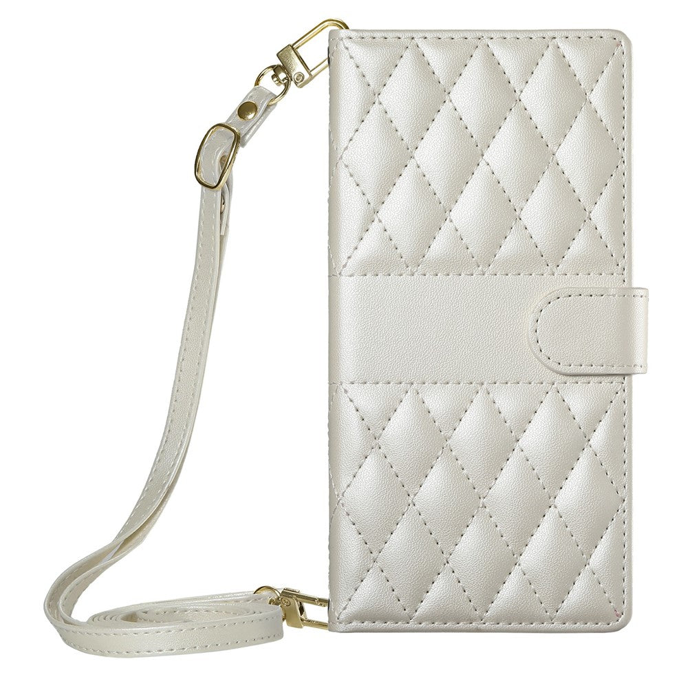 For Xiaomi Poco M8 Pro 5G / Redmi Note 15 Pro+ 5G (Global) Wallet Case Rhombus Stitching Stand Leather Phone Cover with Long  /  Short Strap - Beige