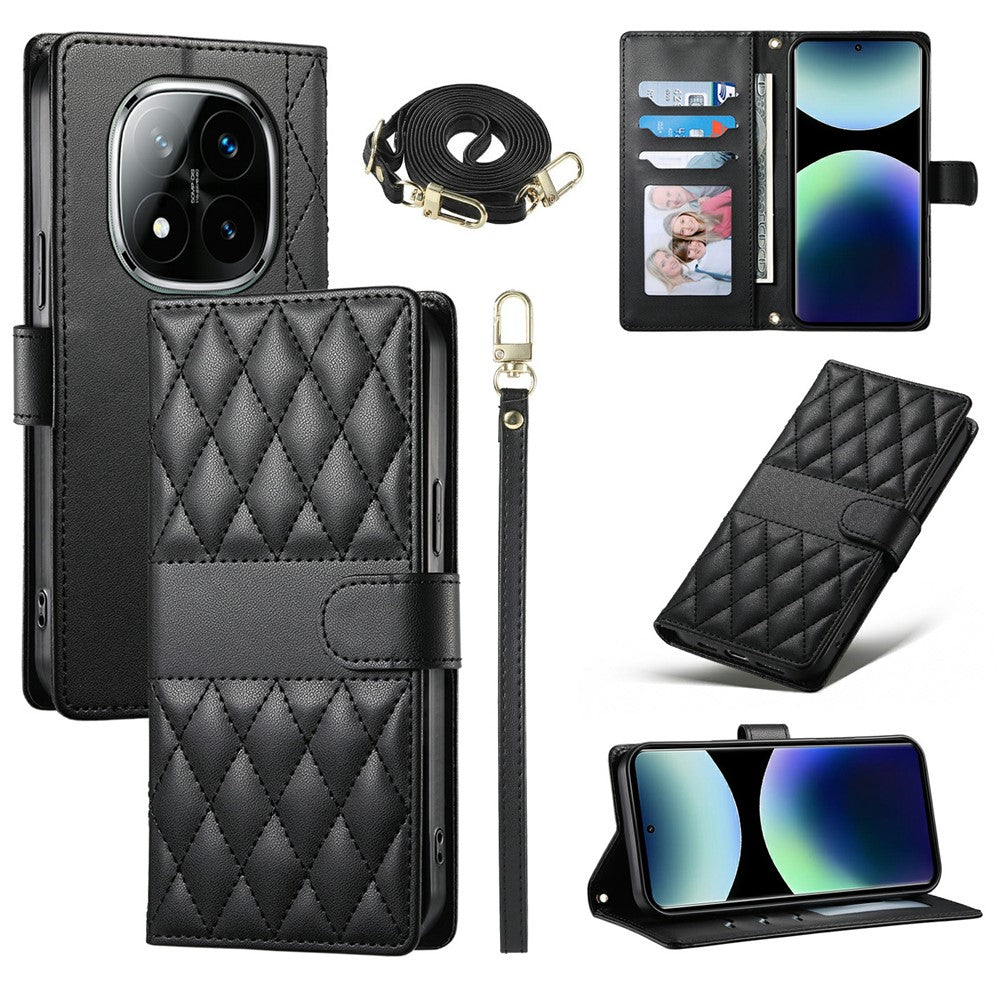 For Xiaomi Poco M8 Pro 5G / Redmi Note 15 Pro+ 5G (Global) Wallet Case Rhombus Stitching Stand Leather Phone Cover with Long  /  Short Strap - Black