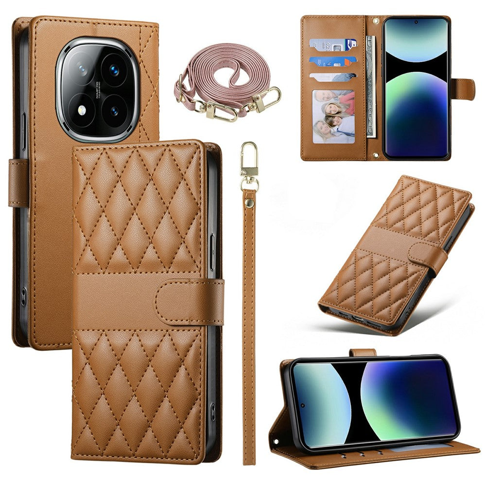 For Xiaomi Poco M8 Pro 5G / Redmi Note 15 Pro+ 5G (Global) Wallet Case Rhombus Stitching Stand Leather Phone Cover with Long  /  Short Strap - Brown