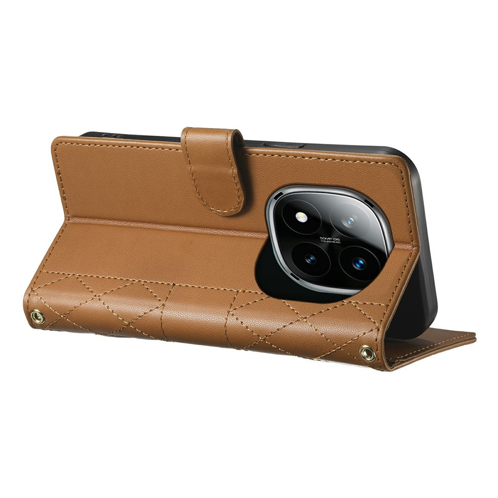 For Xiaomi Poco M8 Pro 5G / Redmi Note 15 Pro+ 5G (Global) Wallet Case Rhombus Stitching Stand Leather Phone Cover with Long  /  Short Strap - Brown