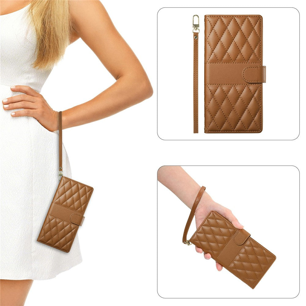 For Xiaomi Poco M8 Pro 5G / Redmi Note 15 Pro+ 5G (Global) Wallet Case Rhombus Stitching Stand Leather Phone Cover with Long  /  Short Strap - Brown