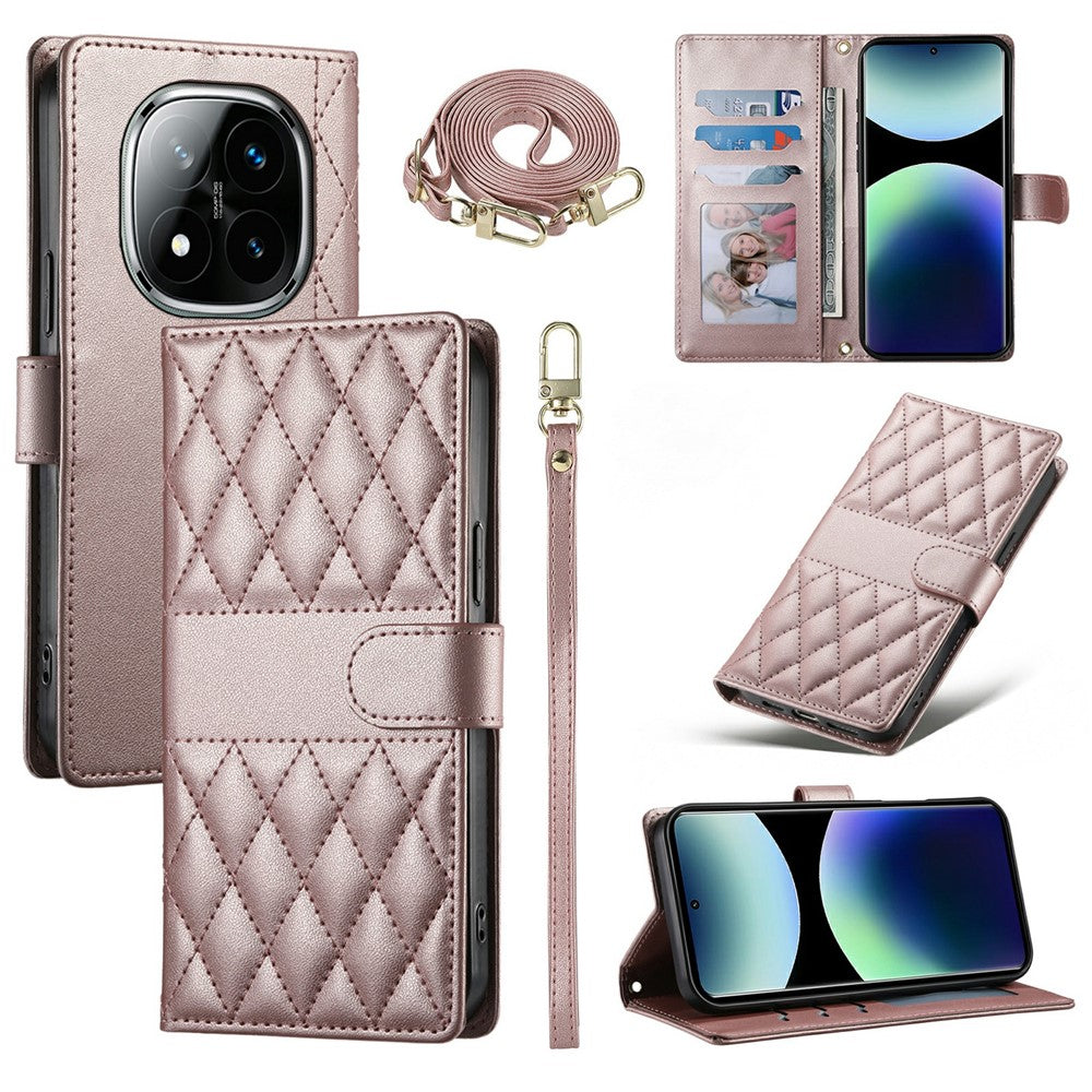 For Xiaomi Poco M8 Pro 5G / Redmi Note 15 Pro+ 5G (Global) Wallet Case Rhombus Stitching Stand Leather Phone Cover with Long  /  Short Strap - Rose Gold