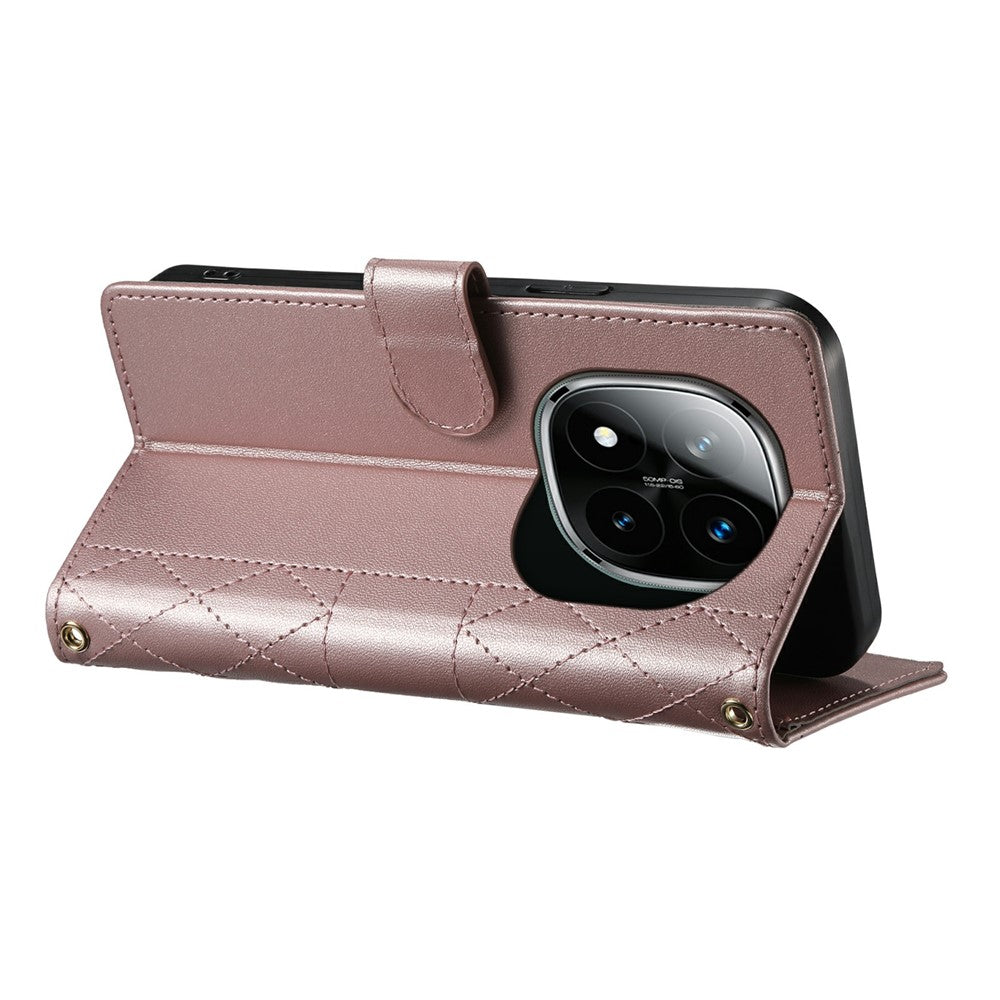 For Xiaomi Poco M8 Pro 5G / Redmi Note 15 Pro+ 5G (Global) Wallet Case Rhombus Stitching Stand Leather Phone Cover with Long  /  Short Strap - Rose Gold