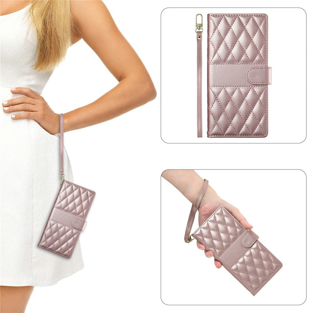 For Xiaomi Poco M8 Pro 5G / Redmi Note 15 Pro+ 5G (Global) Wallet Case Rhombus Stitching Stand Leather Phone Cover with Long  /  Short Strap - Rose Gold