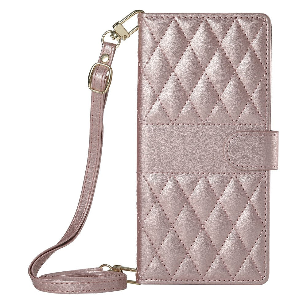 For Xiaomi Poco M8 Pro 5G / Redmi Note 15 Pro+ 5G (Global) Wallet Case Rhombus Stitching Stand Leather Phone Cover with Long  /  Short Strap - Rose Gold