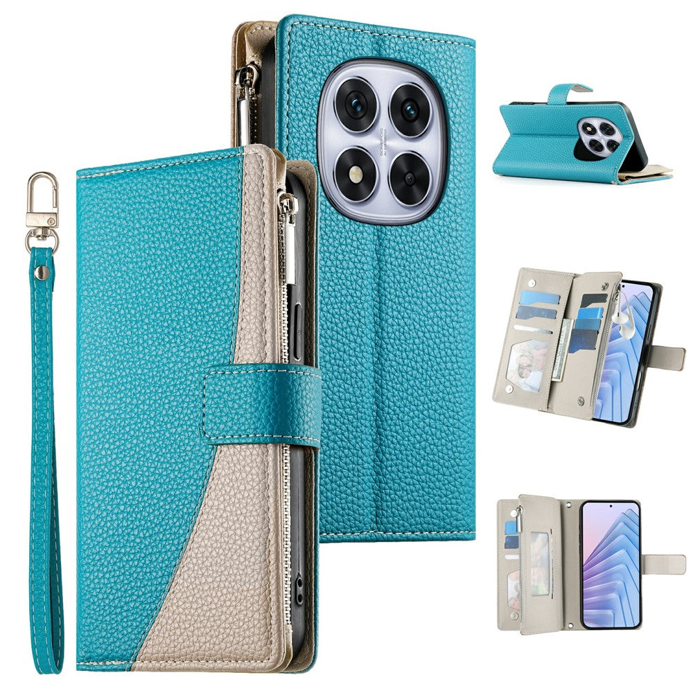 For Xiaomi Redmi Note 15 Pro 5G (Global) Case Zipper Wallet Color Splicing Leather Flip Phone Cover with Straps - Lake Blue