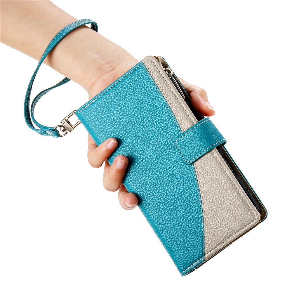 For Xiaomi Redmi Note 15 Pro 5G (Global) Case Zipper Wallet Color Splicing Leather Flip Phone Cover with Straps - Lake Blue