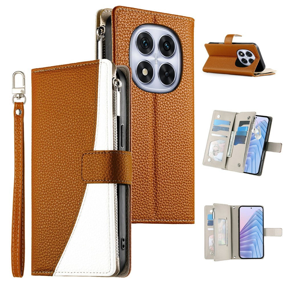 For Xiaomi Redmi Note 15 Pro 5G (Global) Case Zipper Wallet Color Splicing Leather Flip Phone Cover with Straps - Brown