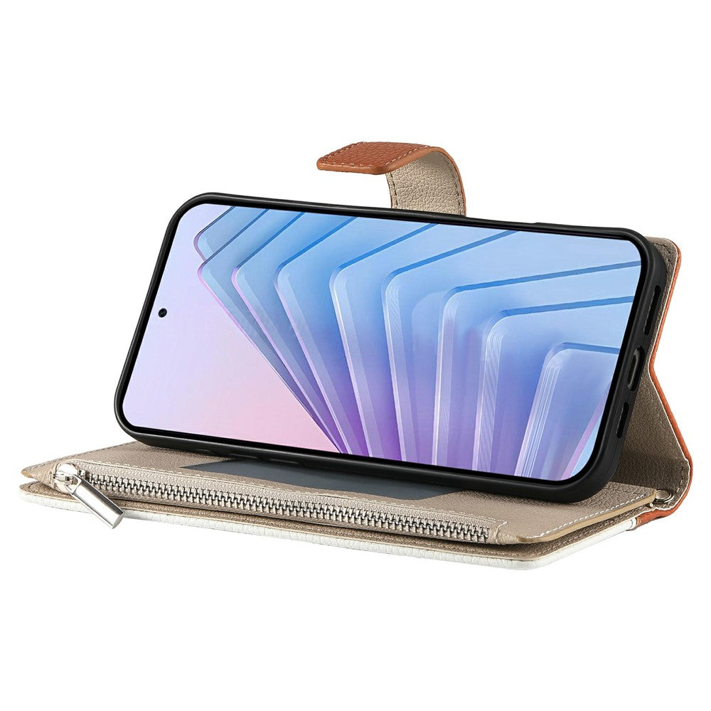For Xiaomi Redmi Note 15 Pro 5G (Global) Case Zipper Wallet Color Splicing Leather Flip Phone Cover with Straps - Brown