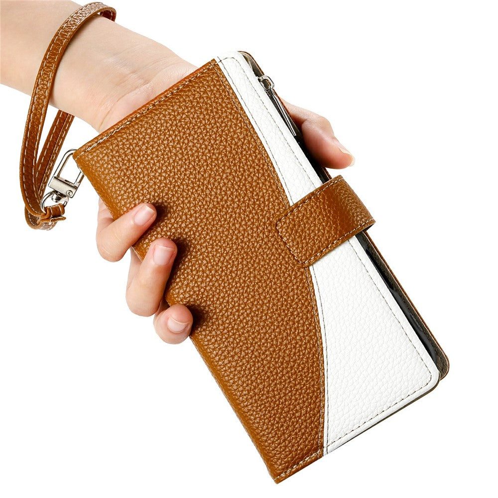 For Xiaomi Redmi Note 15 Pro 5G (Global) Case Zipper Wallet Color Splicing Leather Flip Phone Cover with Straps - Brown