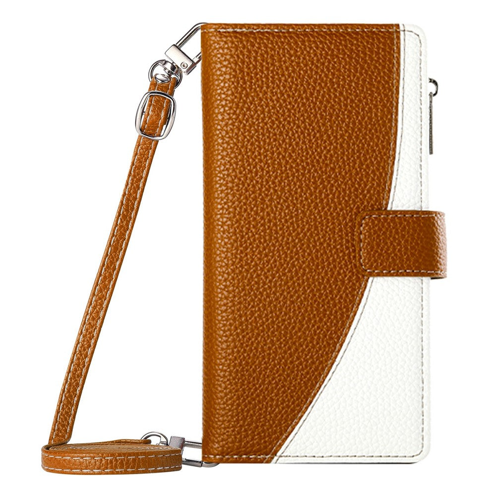 For Xiaomi Redmi Note 15 Pro 5G (Global) Case Zipper Wallet Color Splicing Leather Flip Phone Cover with Straps - Brown