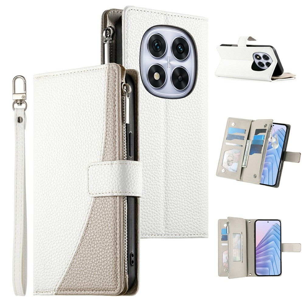 For Xiaomi Redmi Note 15 Pro 5G (Global) Case Zipper Wallet Color Splicing Leather Flip Phone Cover with Straps - White
