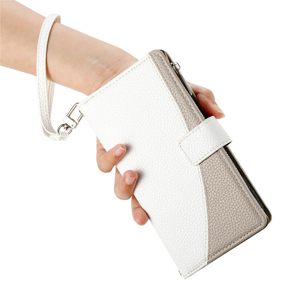 For Xiaomi Redmi Note 15 Pro 5G (Global) Case Zipper Wallet Color Splicing Leather Flip Phone Cover with Straps - White
