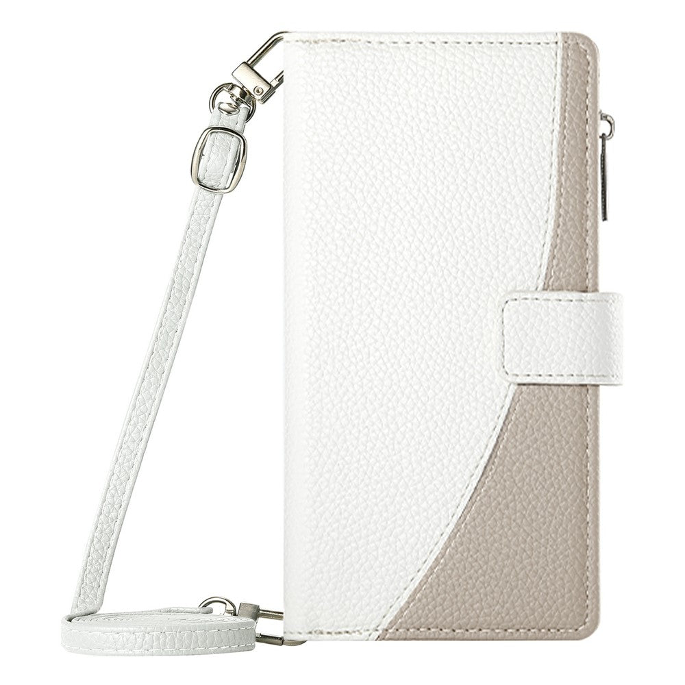 For Xiaomi Redmi Note 15 Pro 5G (Global) Case Zipper Wallet Color Splicing Leather Flip Phone Cover with Straps - White