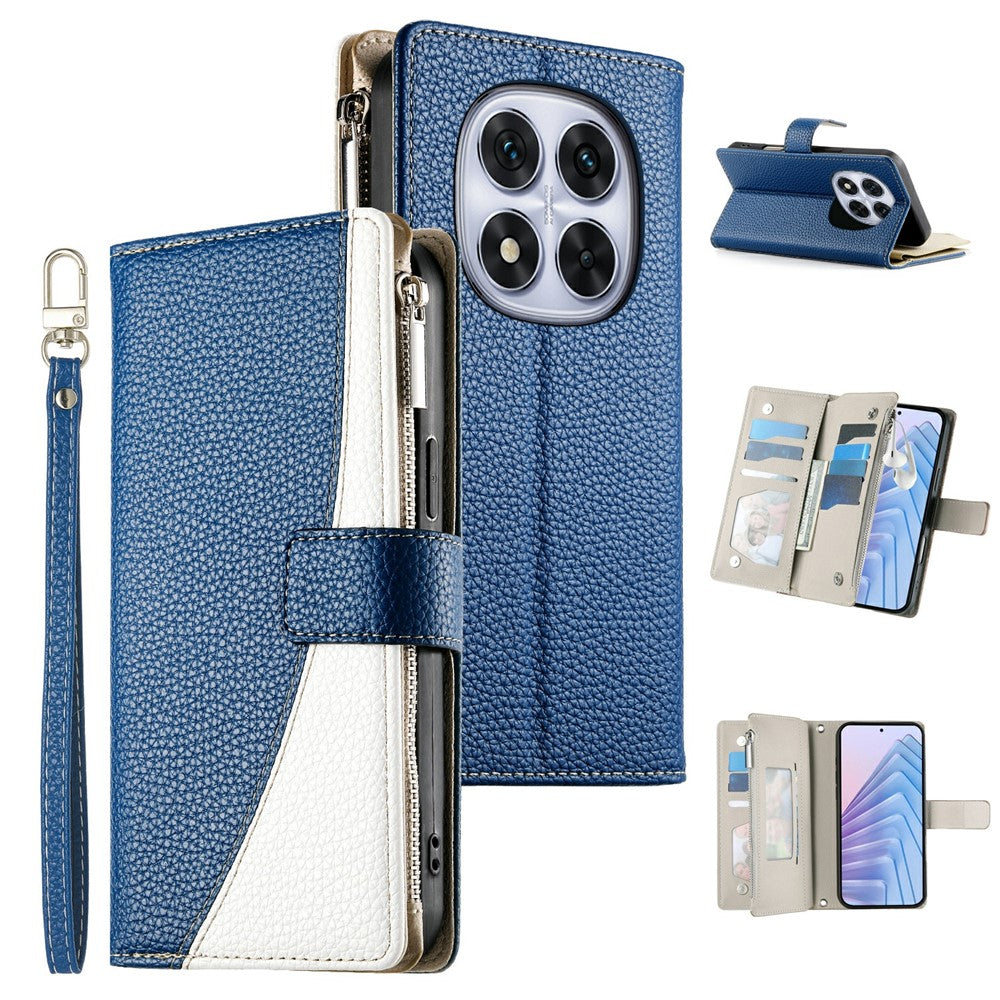 For Xiaomi Redmi Note 15 Pro 5G (Global) Case Zipper Wallet Color Splicing Leather Flip Phone Cover with Straps - Dark Blue