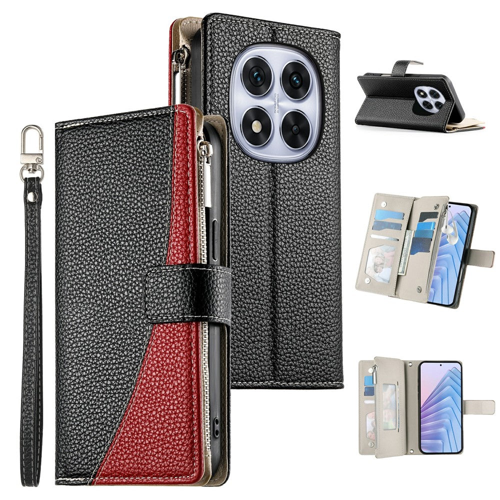 For Xiaomi Poco M8 Pro 5G / Redmi Note 15 Pro+ 5G (Global) Case Zipper Wallet Color Splicing Leather Flip Phone Cover with Straps - Black