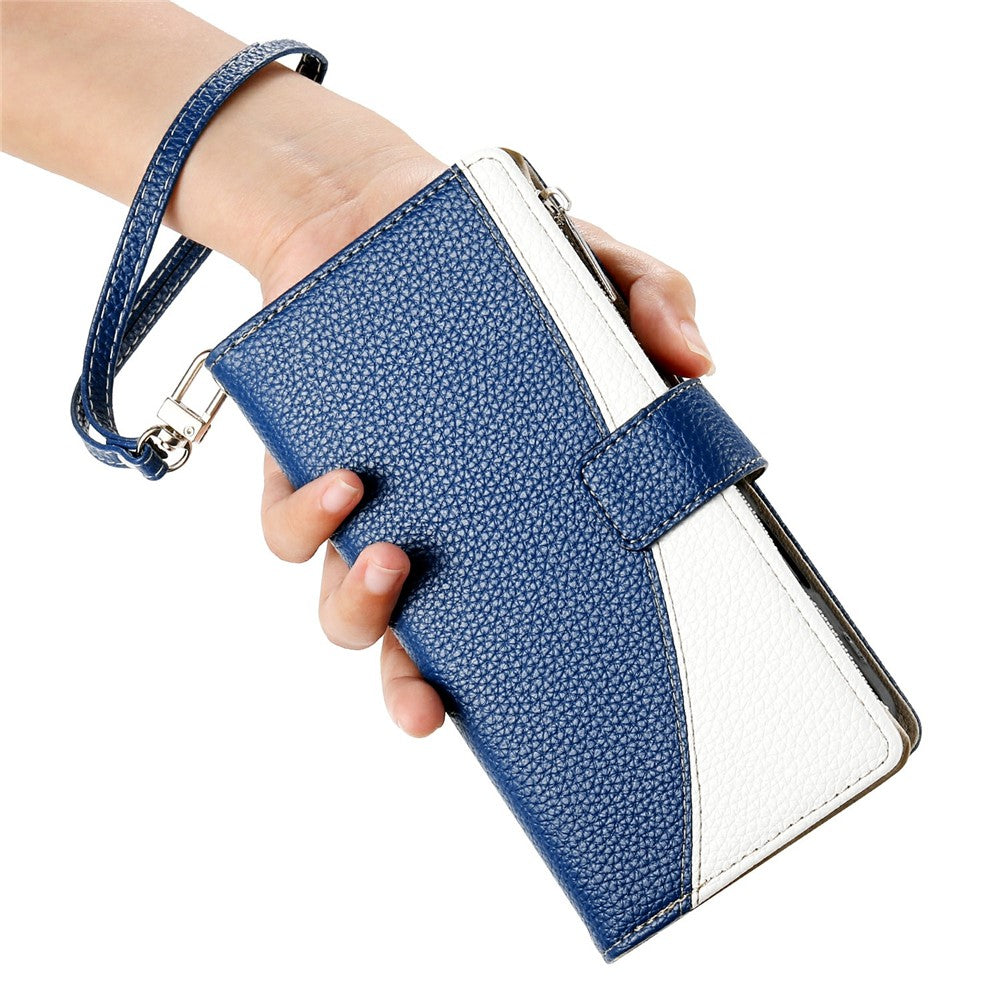 For Xiaomi Poco M8 Pro 5G / Redmi Note 15 Pro+ 5G (Global) Case Zipper Wallet Color Splicing Leather Flip Phone Cover with Straps - Dark Blue