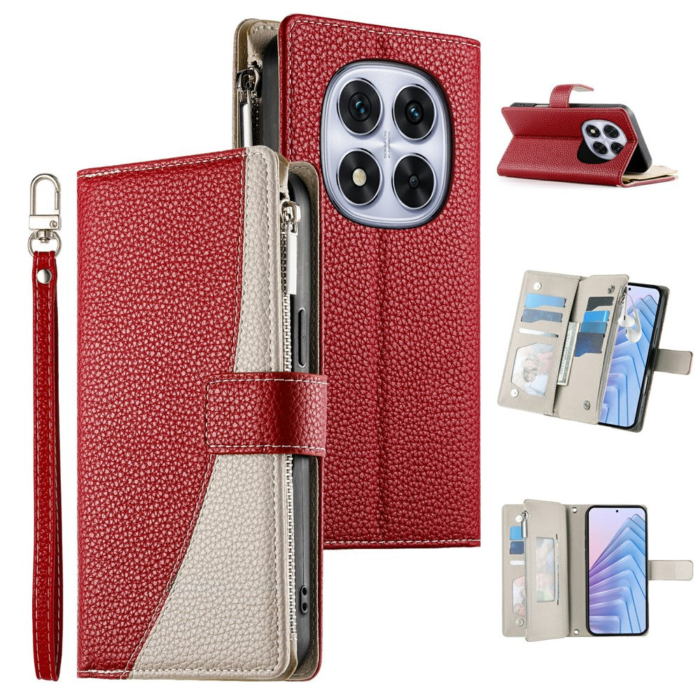 For Xiaomi Poco M8 Pro 5G / Redmi Note 15 Pro+ 5G (Global) Case Zipper Wallet Color Splicing Leather Flip Phone Cover with Straps - Red