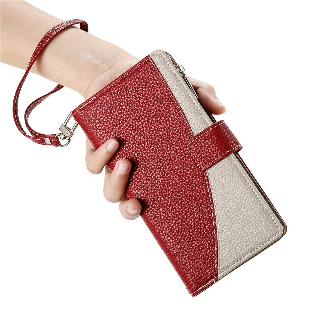 For Xiaomi Poco M8 Pro 5G / Redmi Note 15 Pro+ 5G (Global) Case Zipper Wallet Color Splicing Leather Flip Phone Cover with Straps - Red