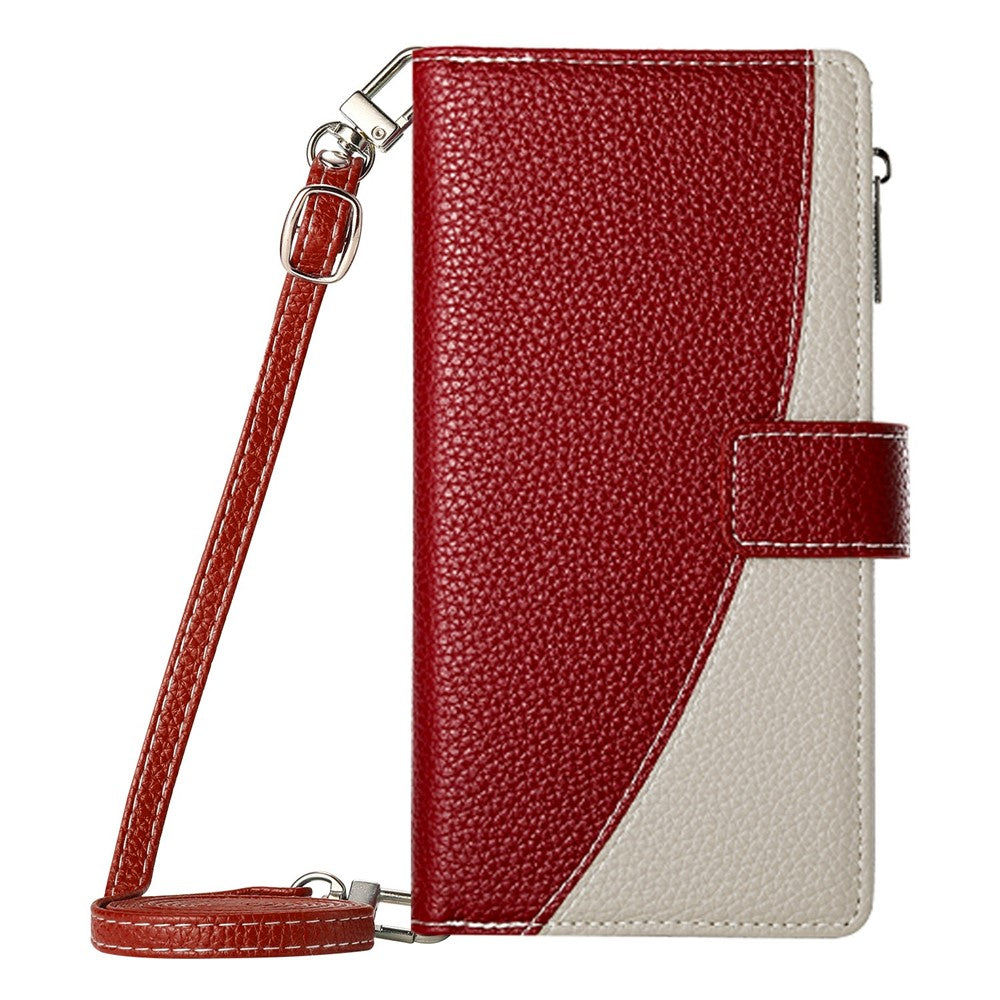 For Xiaomi Poco M8 Pro 5G / Redmi Note 15 Pro+ 5G (Global) Case Zipper Wallet Color Splicing Leather Flip Phone Cover with Straps - Red