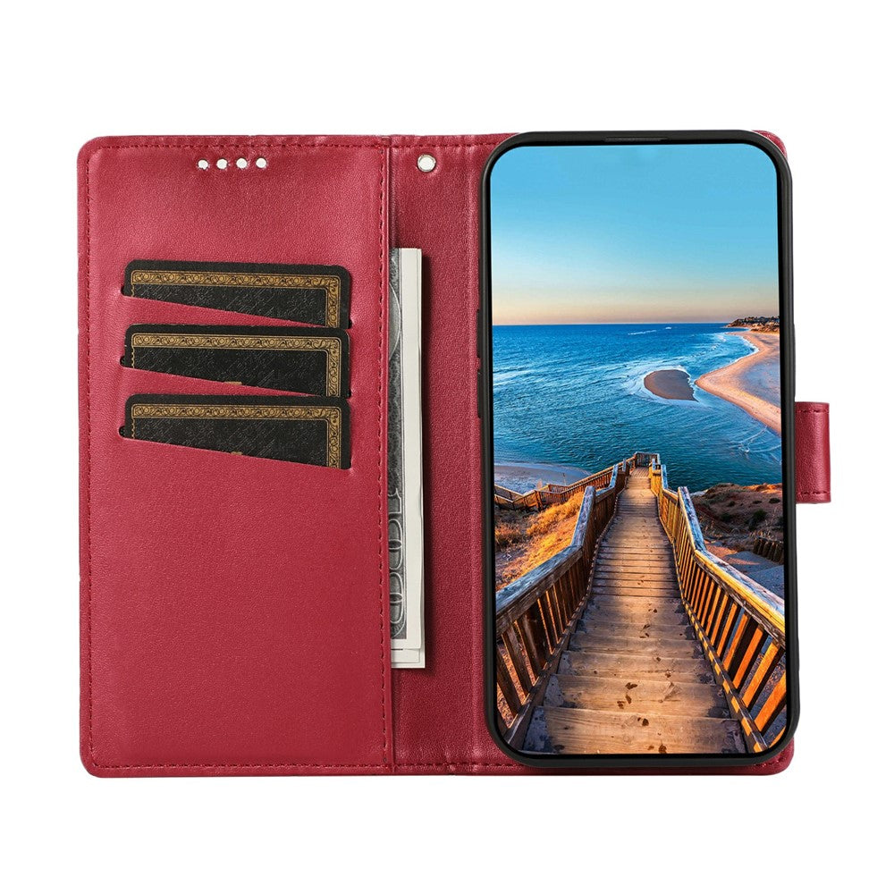For Xiaomi Poco M8 Pro 5G / Redmi Note 15 Pro+ 5G (Global) Phone Case Line Imprint Leather Wallet Cover with Wrist Strap - Red