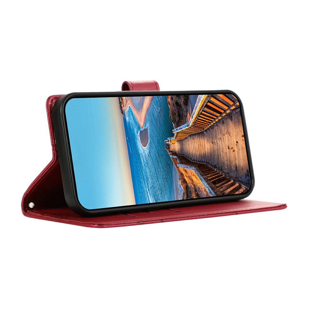 For Xiaomi Poco M8 Pro 5G / Redmi Note 15 Pro+ 5G (Global) Phone Case Line Imprint Leather Wallet Cover with Wrist Strap - Red