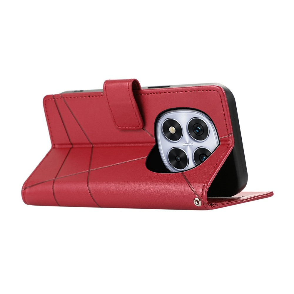 For Xiaomi Poco M8 Pro 5G / Redmi Note 15 Pro+ 5G (Global) Phone Case Line Imprint Leather Wallet Cover with Wrist Strap - Red