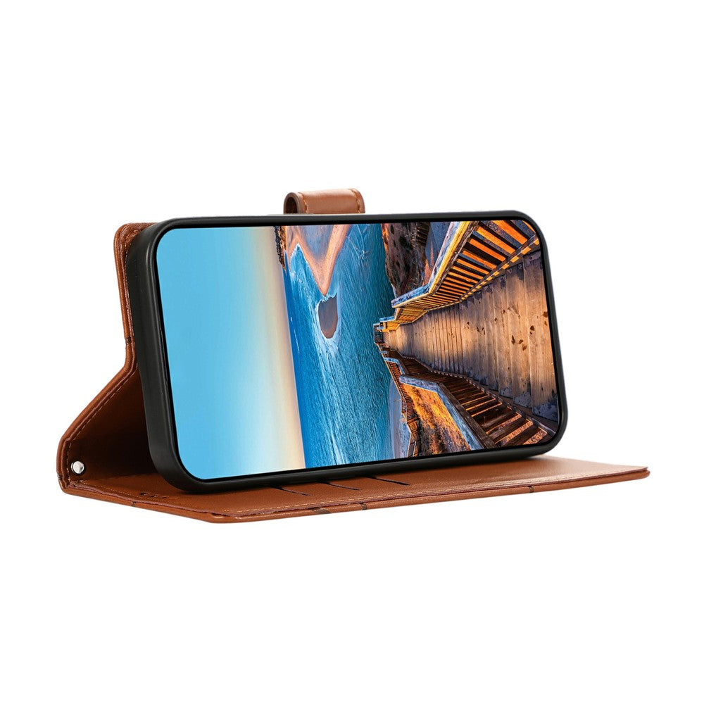 For Xiaomi Poco M8 Pro 5G / Redmi Note 15 Pro+ 5G (Global) Phone Case Line Imprint Leather Wallet Cover with Wrist Strap - Brown