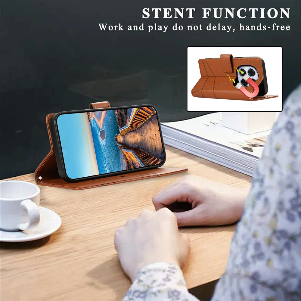 For Xiaomi Poco M8 Pro 5G / Redmi Note 15 Pro+ 5G (Global) Phone Case Line Imprint Leather Wallet Cover with Wrist Strap - Brown