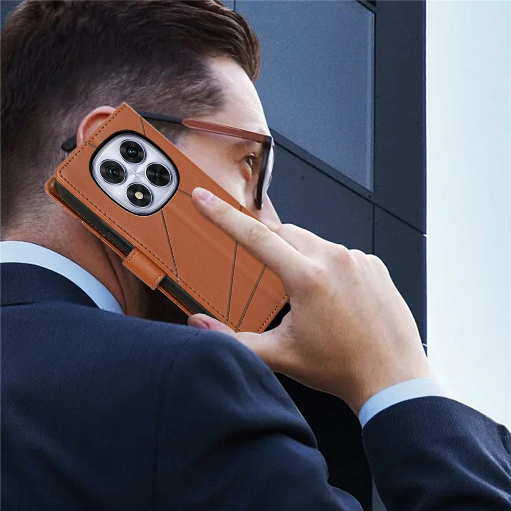 For Xiaomi Poco M8 Pro 5G / Redmi Note 15 Pro+ 5G (Global) Phone Case Line Imprint Leather Wallet Cover with Wrist Strap - Brown
