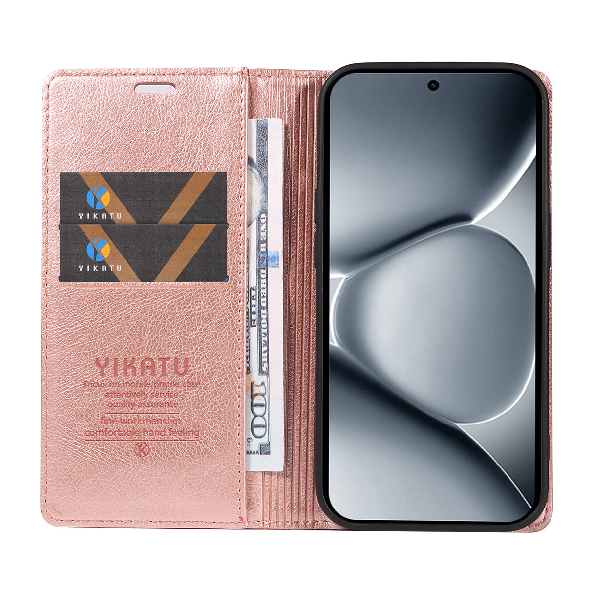 For Xiaomi Poco M8 Pro 5G / Redmi Note 15 Pro+ 5G (Global) Wallet Case YIKATU YK-006 Magnetic Closure Leather Phone Cover Litchi Texture - Rose Gold