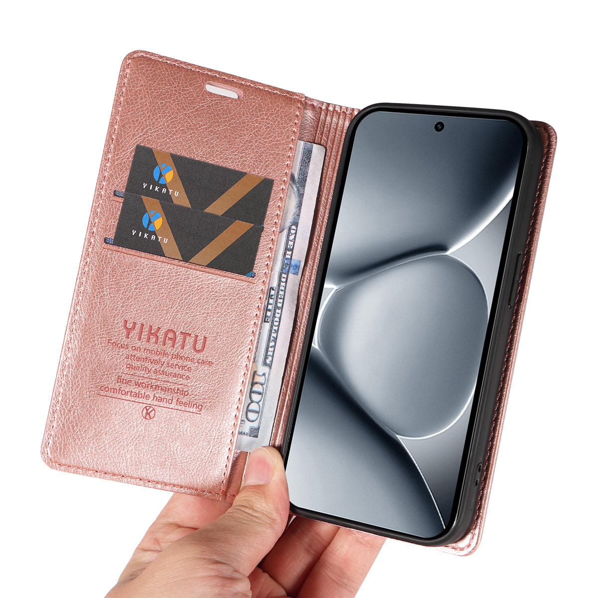 For Xiaomi Poco M8 Pro 5G / Redmi Note 15 Pro+ 5G (Global) Wallet Case YIKATU YK-006 Magnetic Closure Leather Phone Cover Litchi Texture - Rose Gold